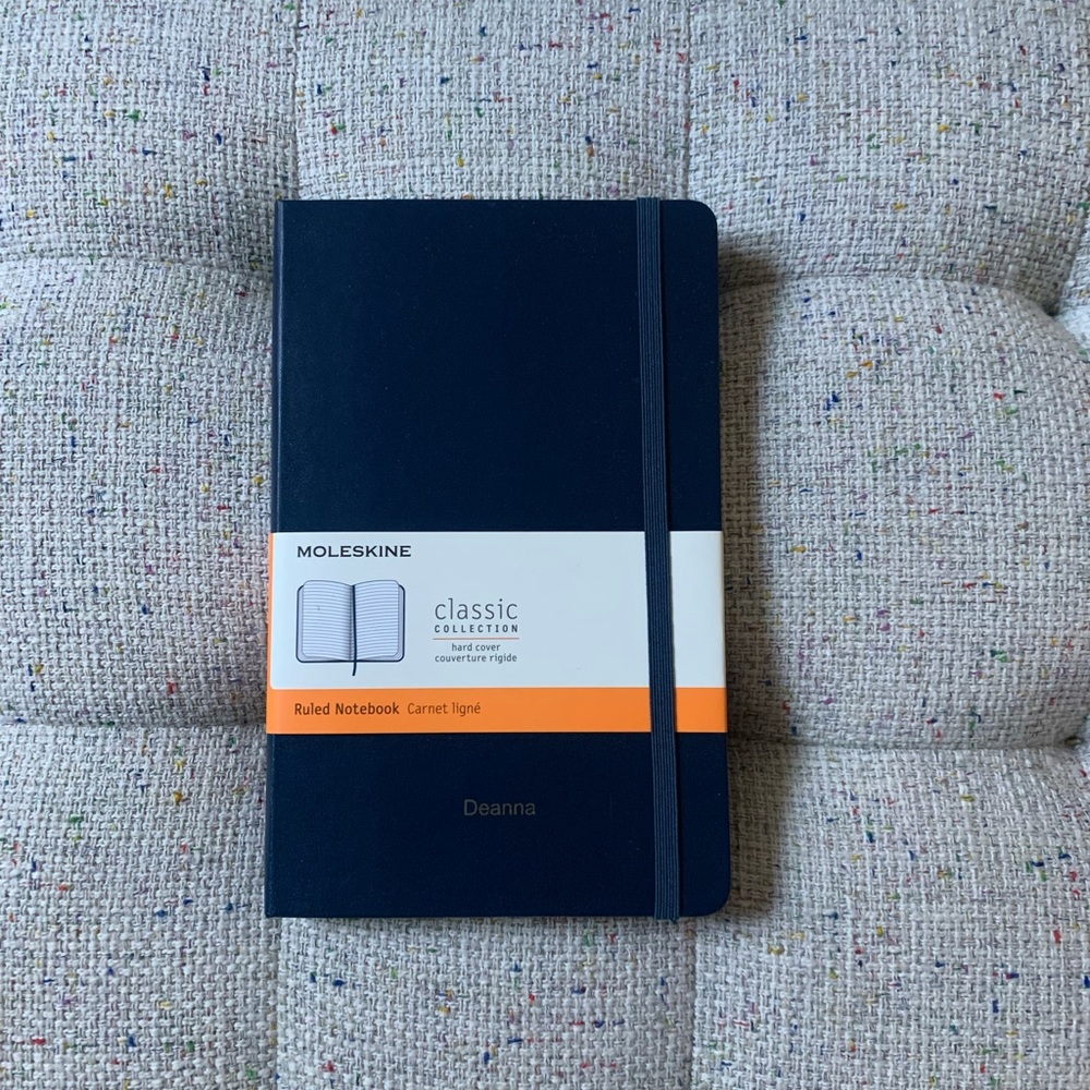 Moleskine Classic Ruled Notebook Blue Monogrammed “Deanna”.